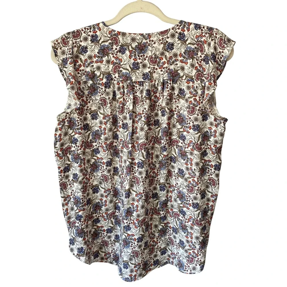 LOFT Womens White Multi Floral‎ V-Neck Flutter Sleeve Blouse Top Medium M 510379